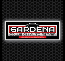 Gardena Collision Auto Repair logo: text within a lit rectangle with a car silhouette; on a textured background.