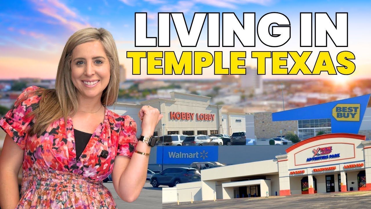 Woman in floral shirt in front of Temple, TX, businesses: Best Buy, Walmart, and a grocery store.