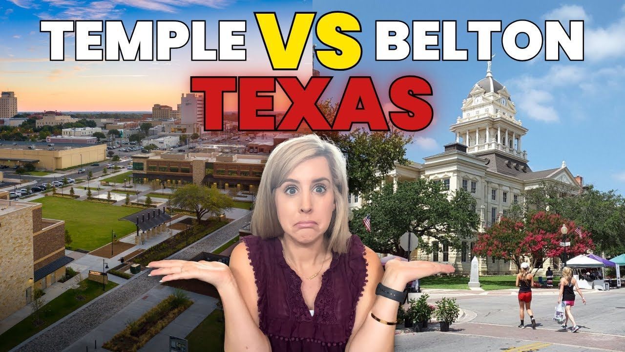 Woman shrugging between cityscapes of Temple and Belton, Texas, with text overlay