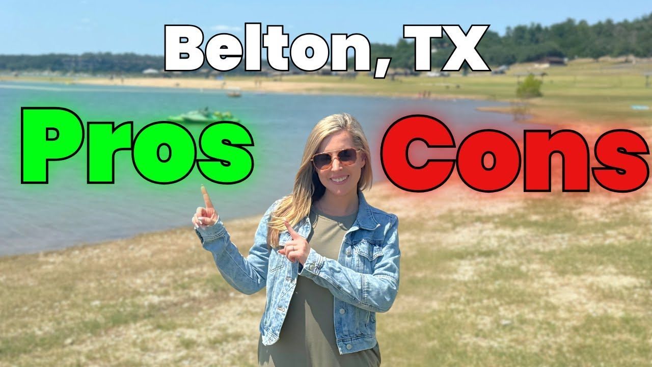 Woman pointing towards “Pros” and “Cons” text over a lake; Belton, TX is in the background.