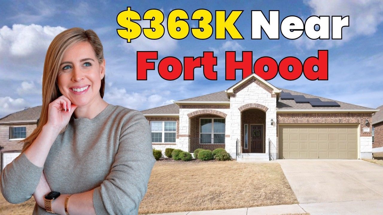 Woman stands in front of a house, text reads