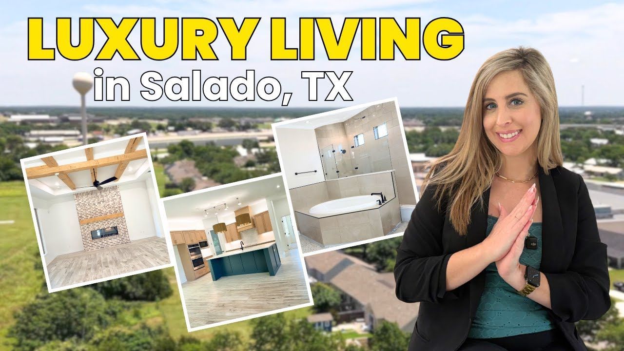 Woman in black blazer with hands together, promoting luxury living in Salado, TX, with home interior images.