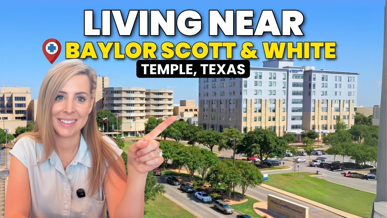 Woman pointing at the city of Temple, Texas, with a Baylor Scott & White logo.