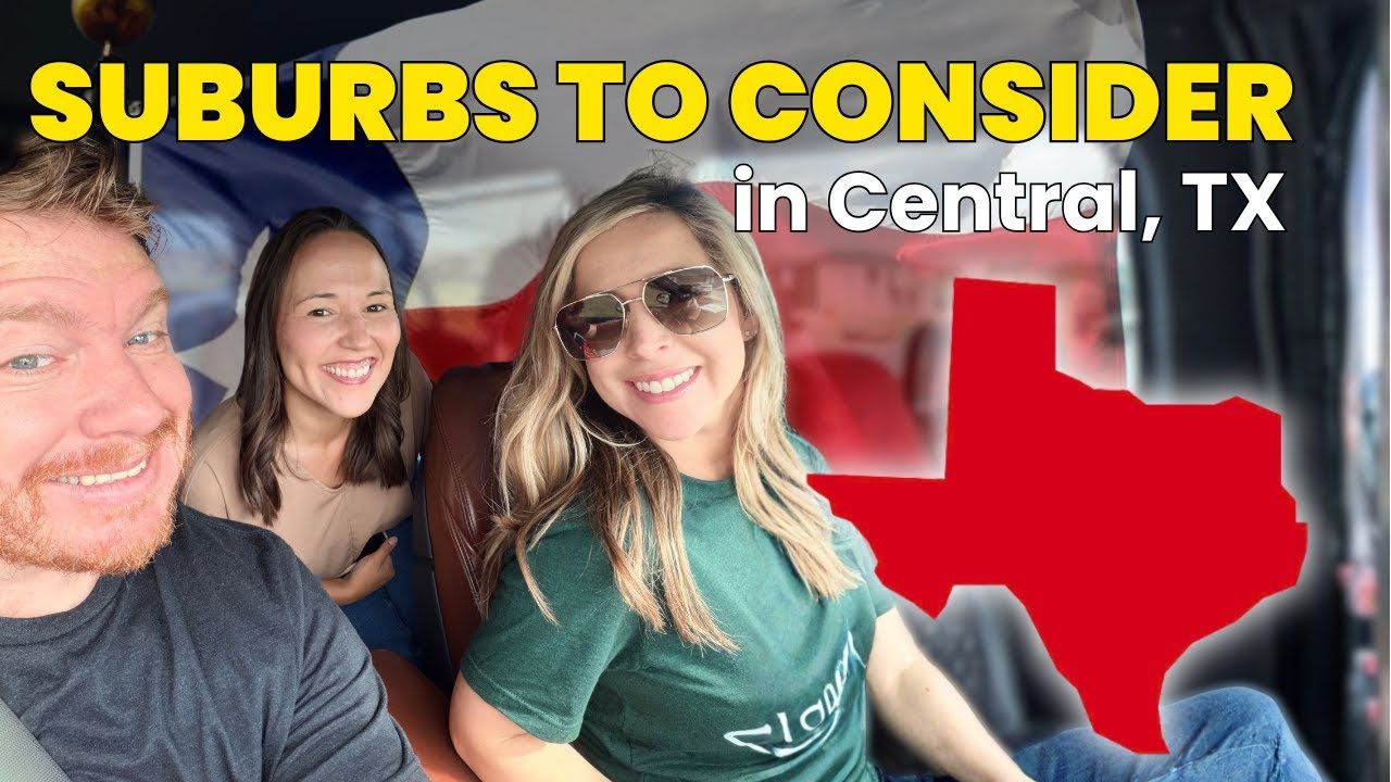 Three people smiling inside a vehicle; text overlay: