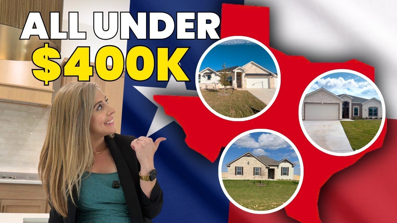 Woman pointing at houses inside a Texas map outline, text 
