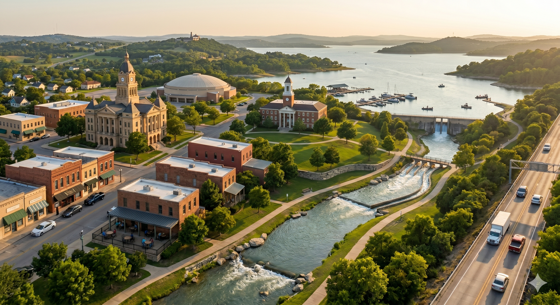 Aerial view of a riverside city with historic buildings, parkland, and a highway beside a bay at sunset