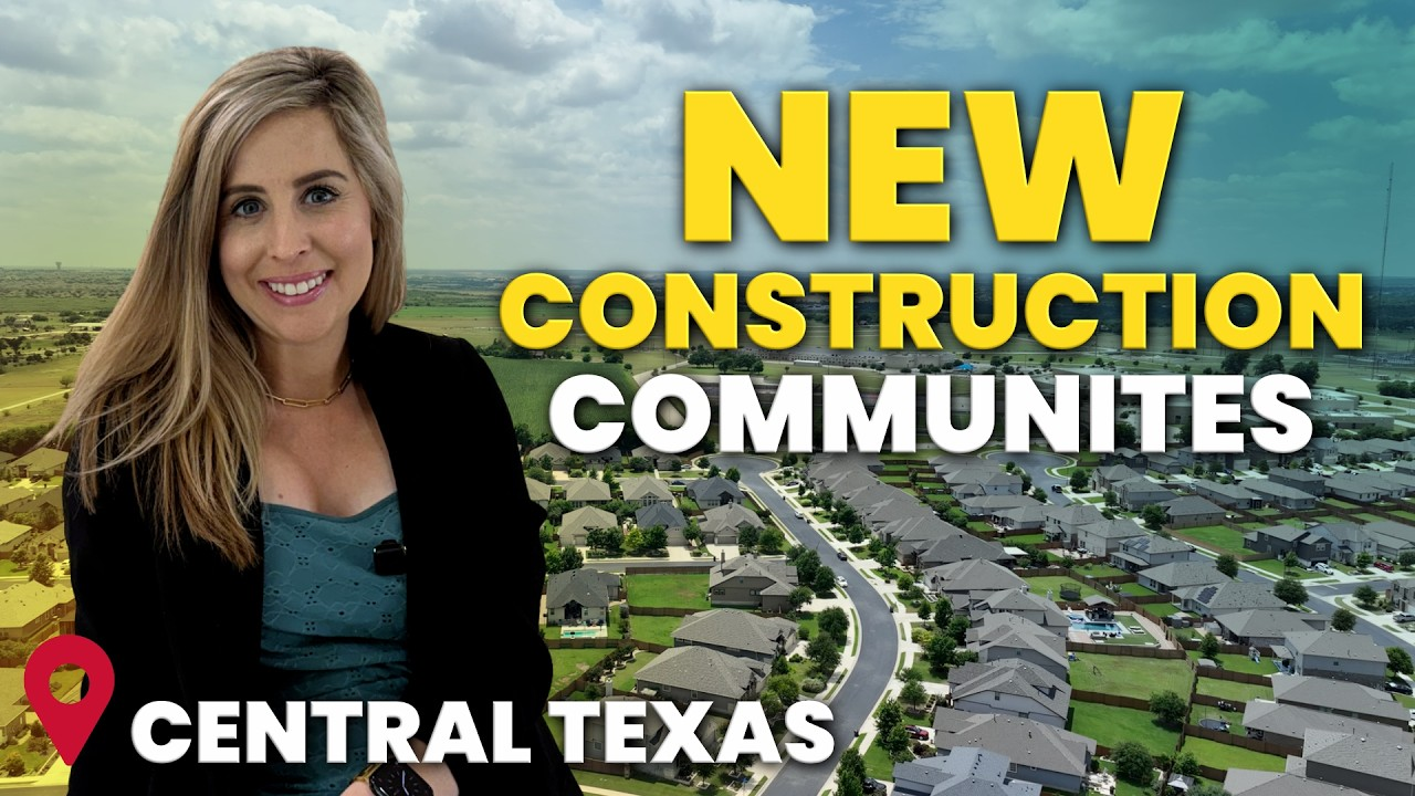 Woman beside aerial view of homes with bold text: “NEW CONSTRUCTION COMMUNITIES” and “CENTRAL TEXAS”