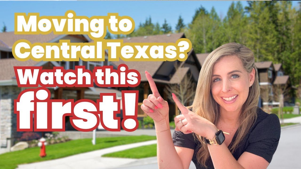 A woman is pointing at a house with the words `` moving to central texas ? watch this first ! ''