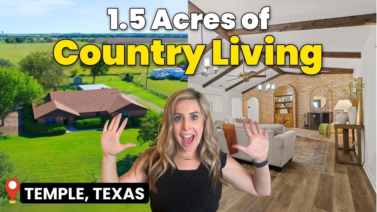 Woman gestures to house exterior and interior, advertising 1.5 acres of country living in Temple, Texas.