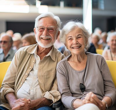 Smiling older couple seated together in a bright yellow chair; audience in background.