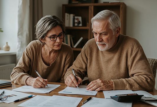Older couple reviewing paperwork, using pens and a calculator, sitting at a table indoors.