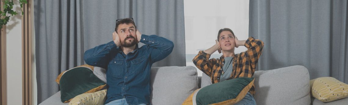 Two people on a couch covering their ears. One wears a denim shirt, the other a plaid shirt. Grey curtains in background.