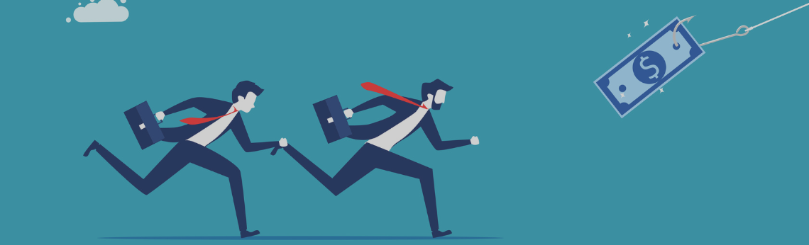 Two business people chasing a dollar bill on a string, with a cloud on blue background.