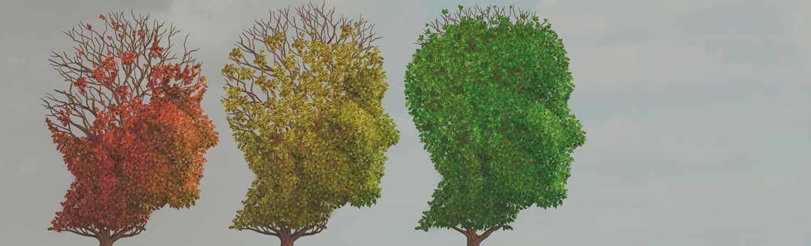Heads of trees representing the human mind, changing from red to yellow to green.