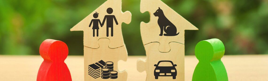 A split house puzzle with family, dog, money, and a car. Red and green figures stand on either side.