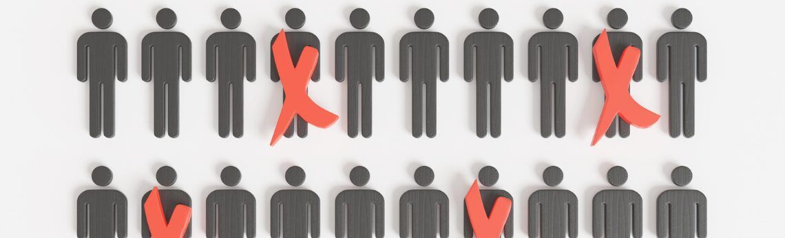 Rows of gray stick figures, some with red 