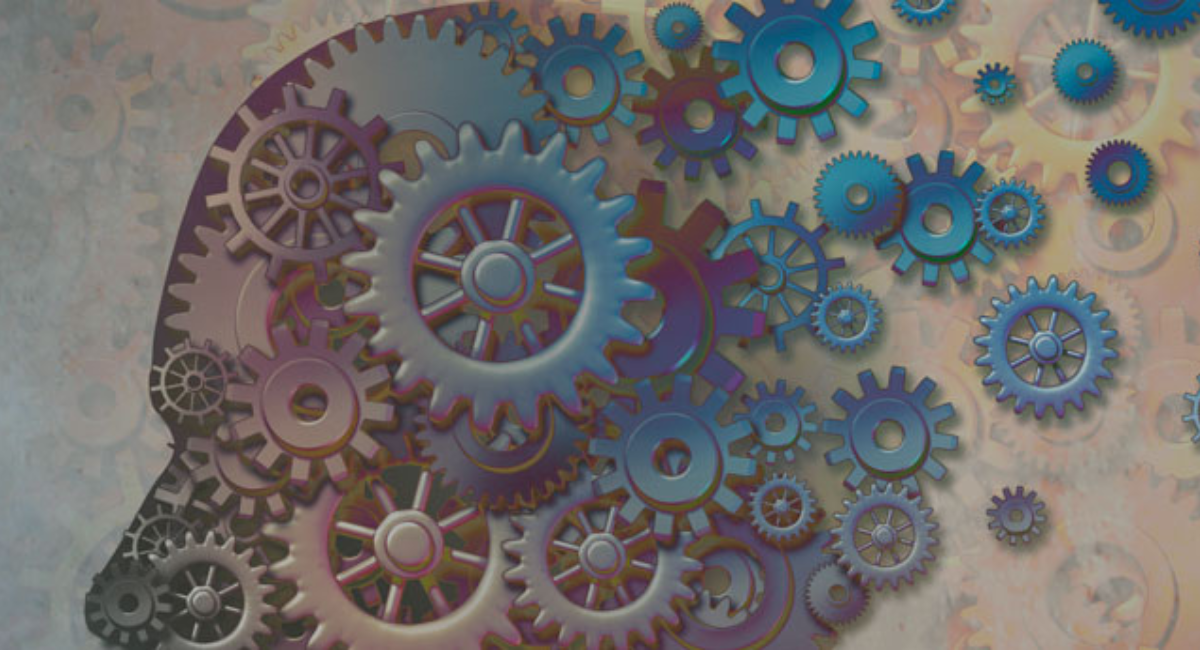 Silhouette of a head filled with various interlocking gears, in muted blue and gray tones.