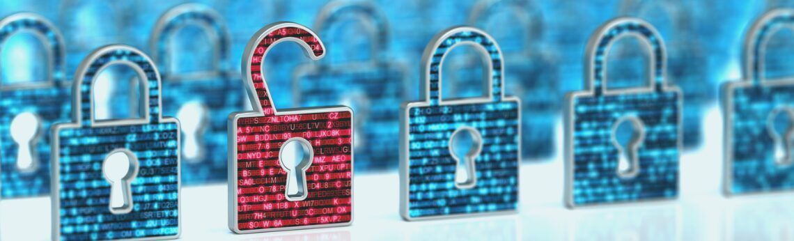 Blue and red padlocks, one unlocked, suggesting cybersecurity vulnerability.