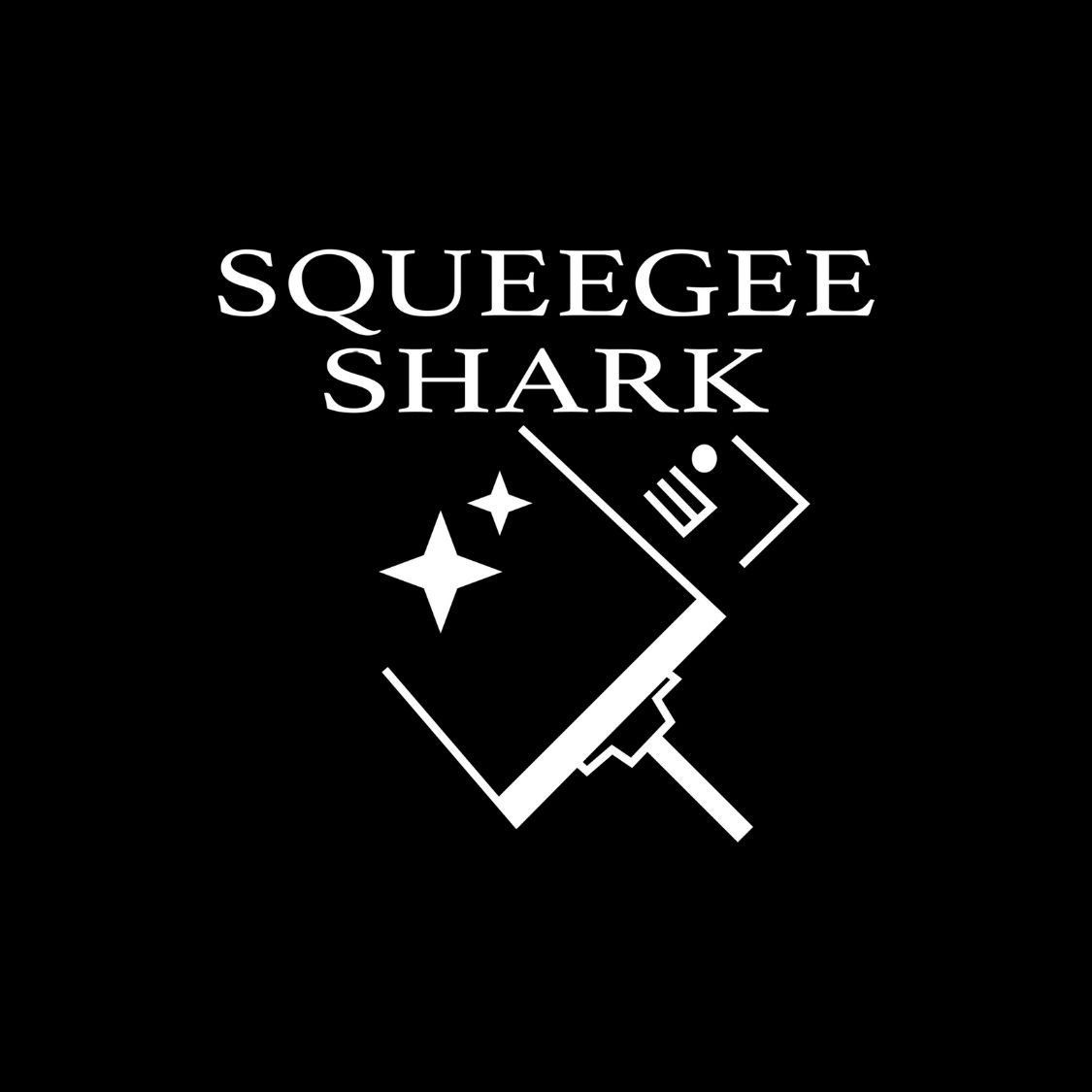 Squeegee Shark logo: white text and graphic of squeegee on black background.