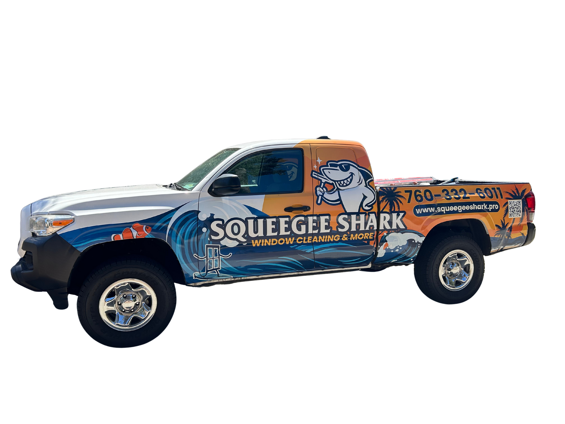 Squeegee Shark truck with shark logo and contact info on a truck, white and blue wave design.