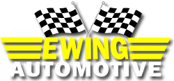 The logo for ewing automotive has two checkered flags on it.