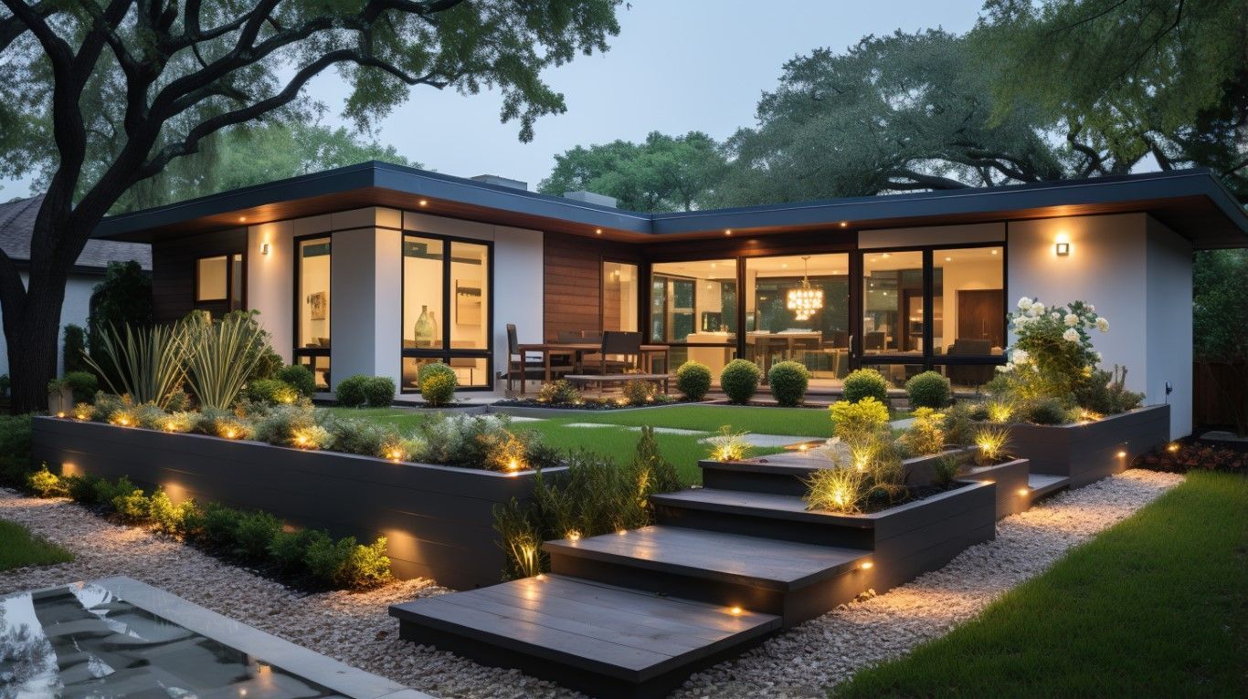Modern hardscape outdoor: lighting, stone steps, and raised lawn.