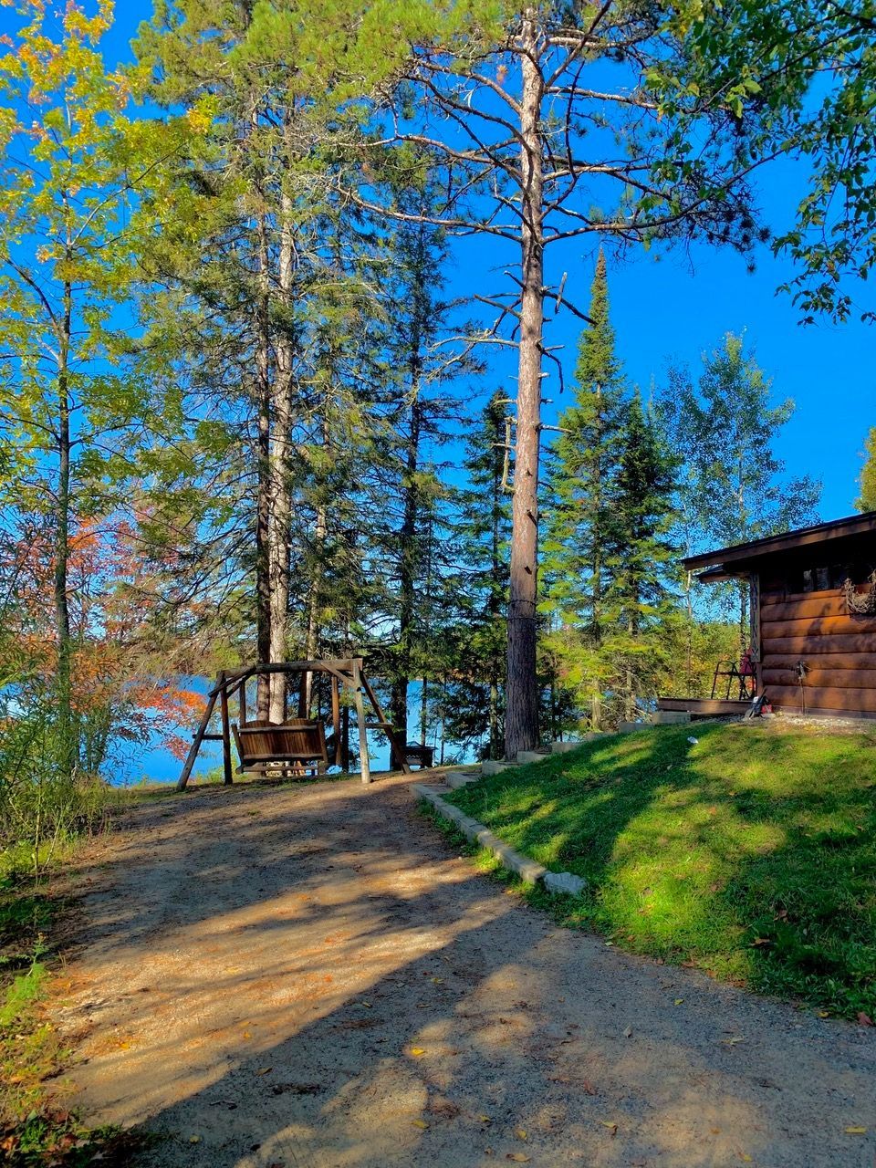 A dirt road leads to a lake, with trees and a log cabin on the right. A swing set is partially visible.