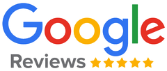 A google review logo with five stars on a white background.