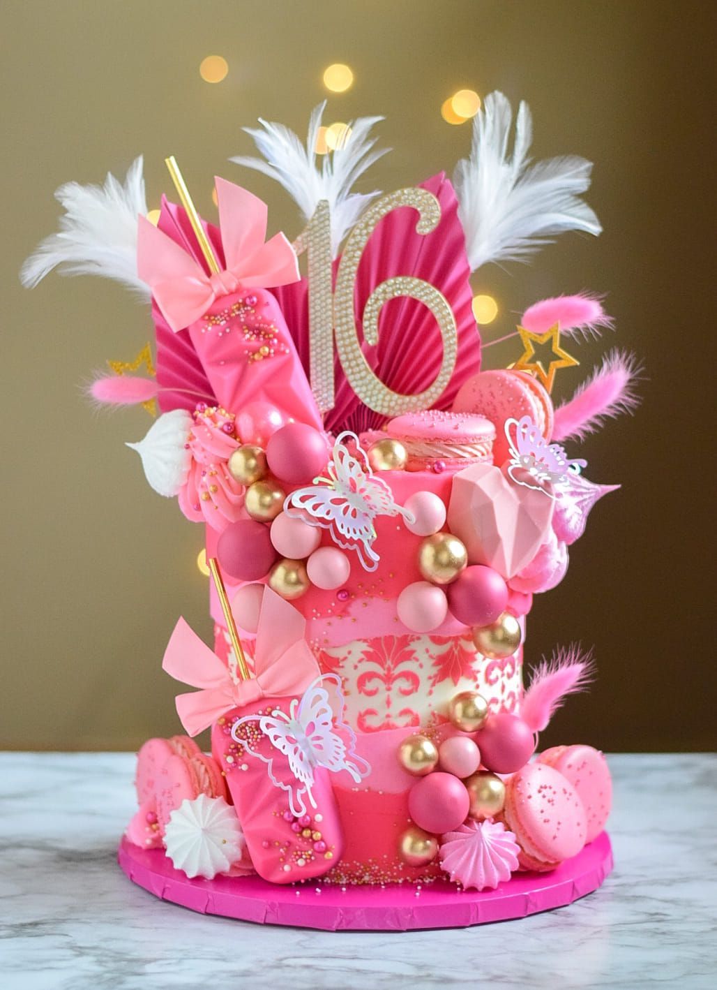 A pink and gold birthday cake with the number 16 on top.
