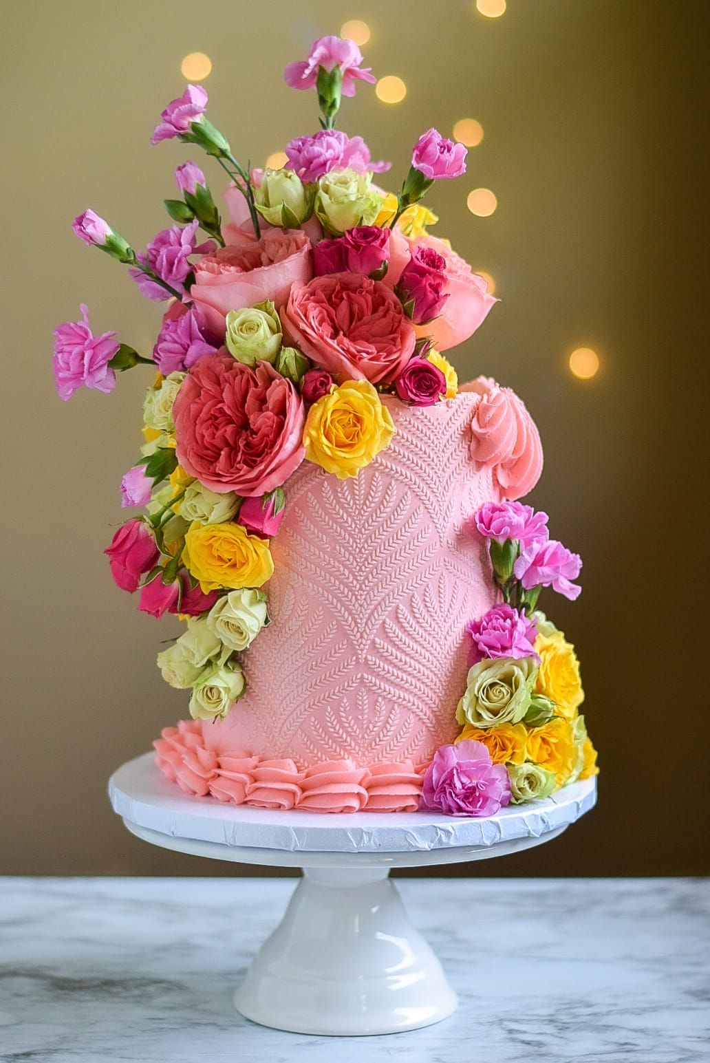 A pink cake with flowers on top of it on a white cake stand.