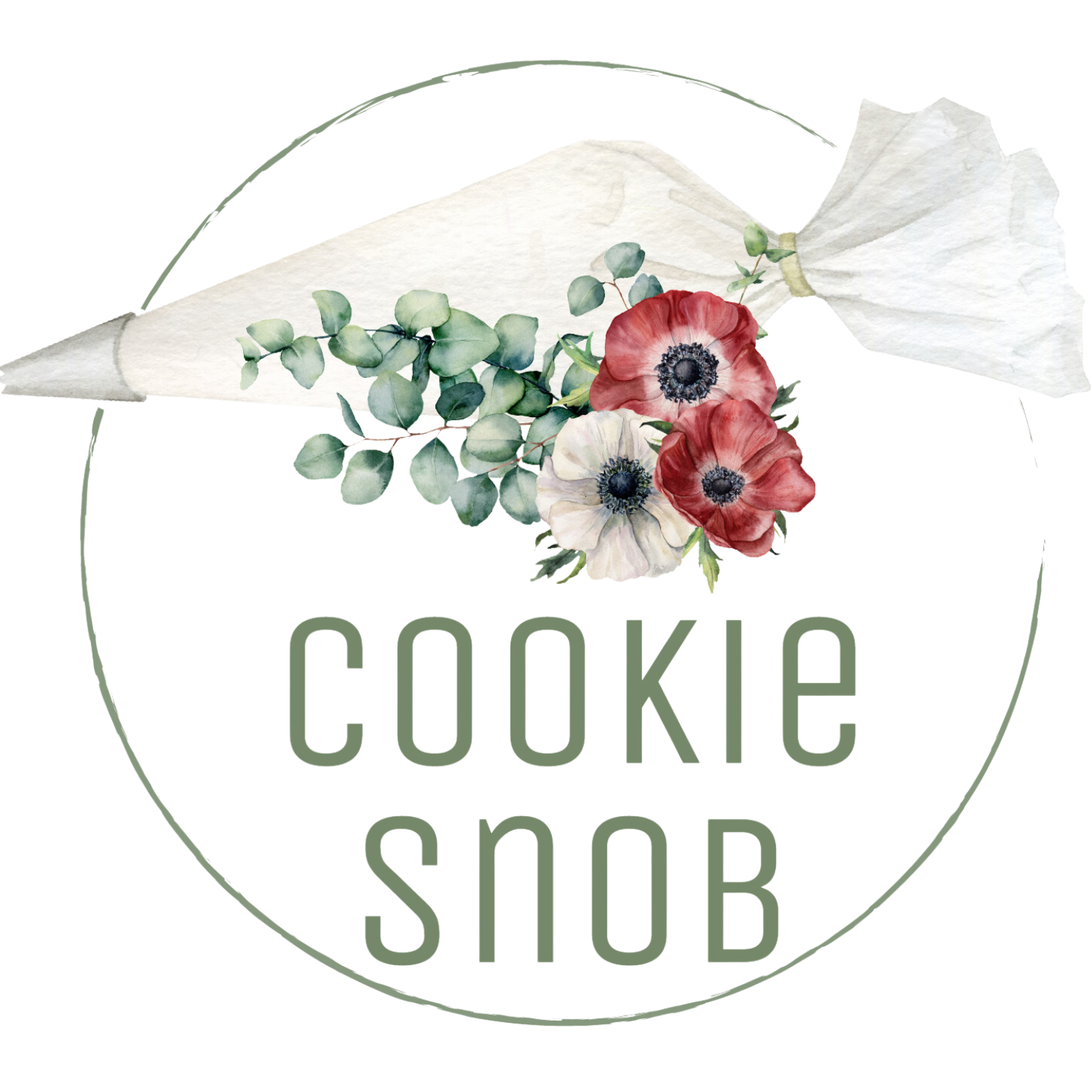 The logo for cookie snob shows a piping bag with flowers on it.