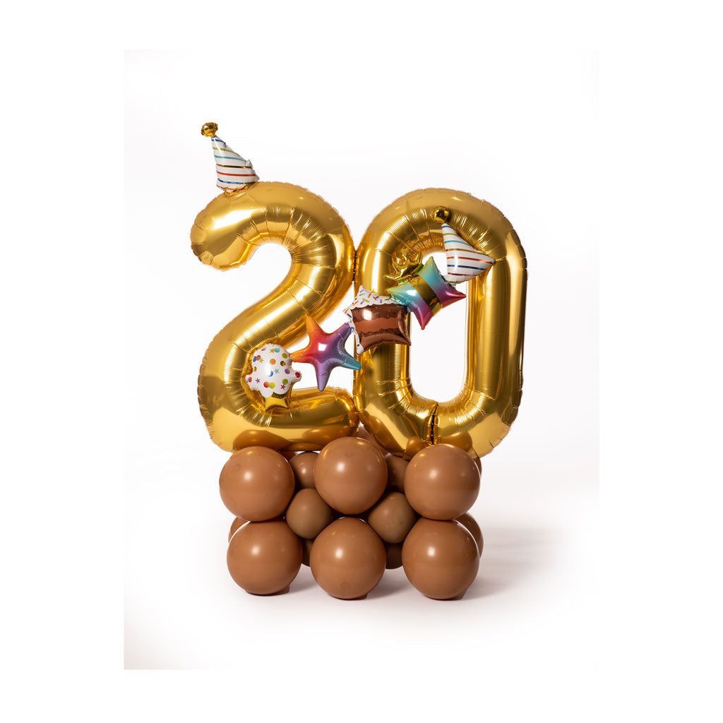 The number 20 is made of balloons and has a party hat on it.