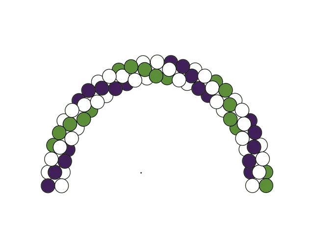 A green , purple and white balloon arch on a white background.