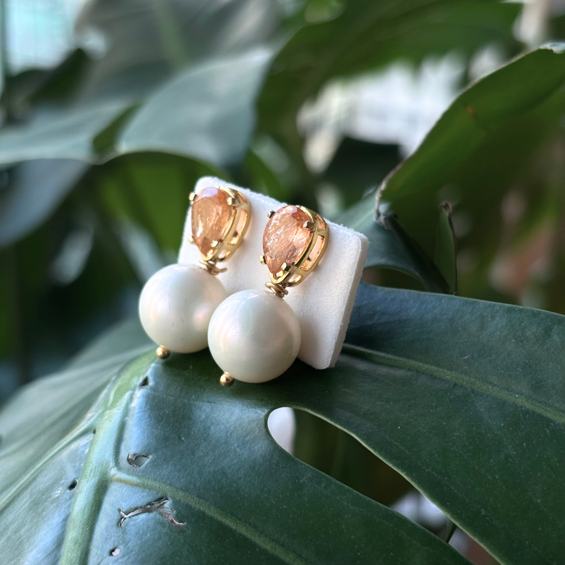 Pearl and Imperial Topaz Stud Gold Earrings