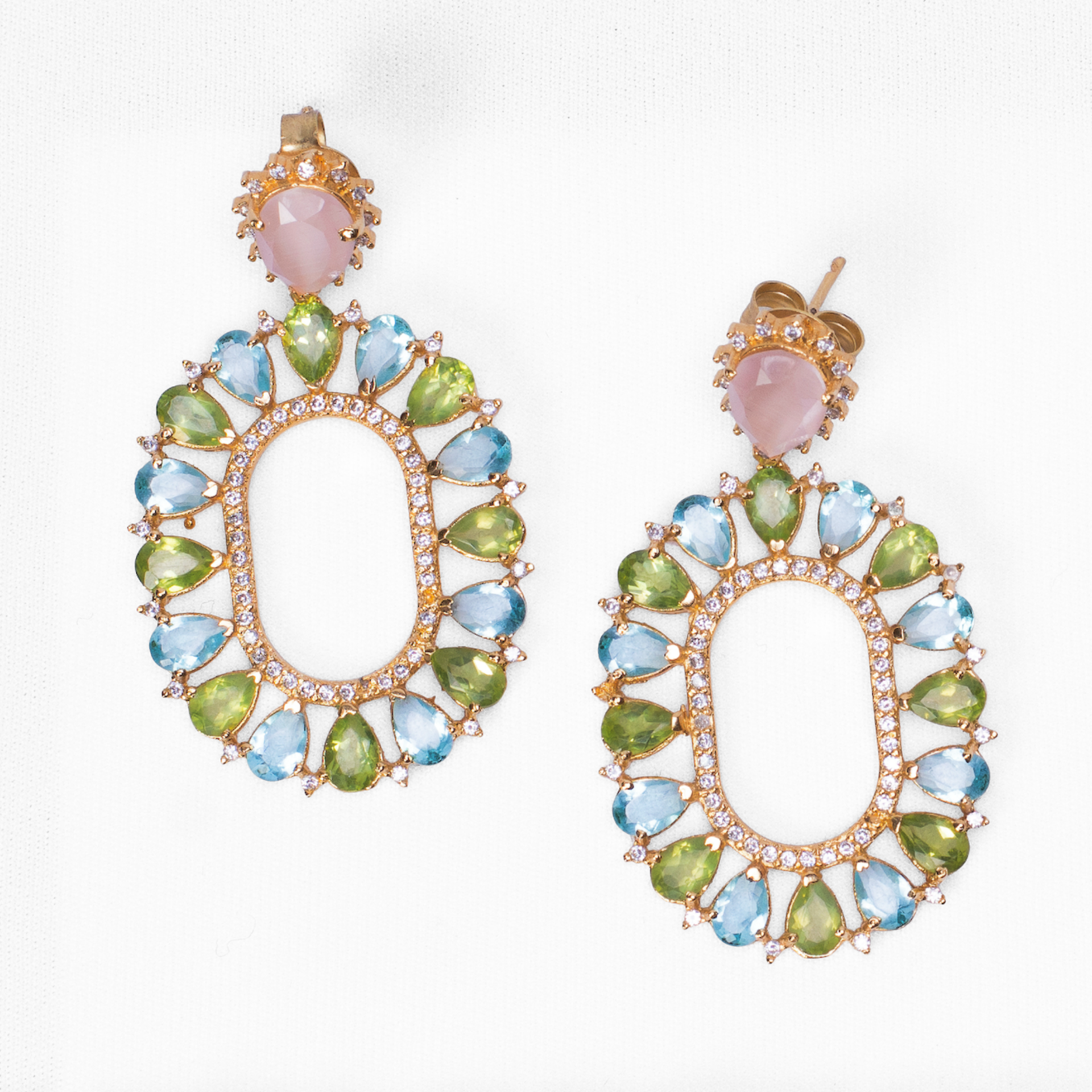 Mother-of-Pearl, Blue Topaz, and Peridot Gold Earrings
