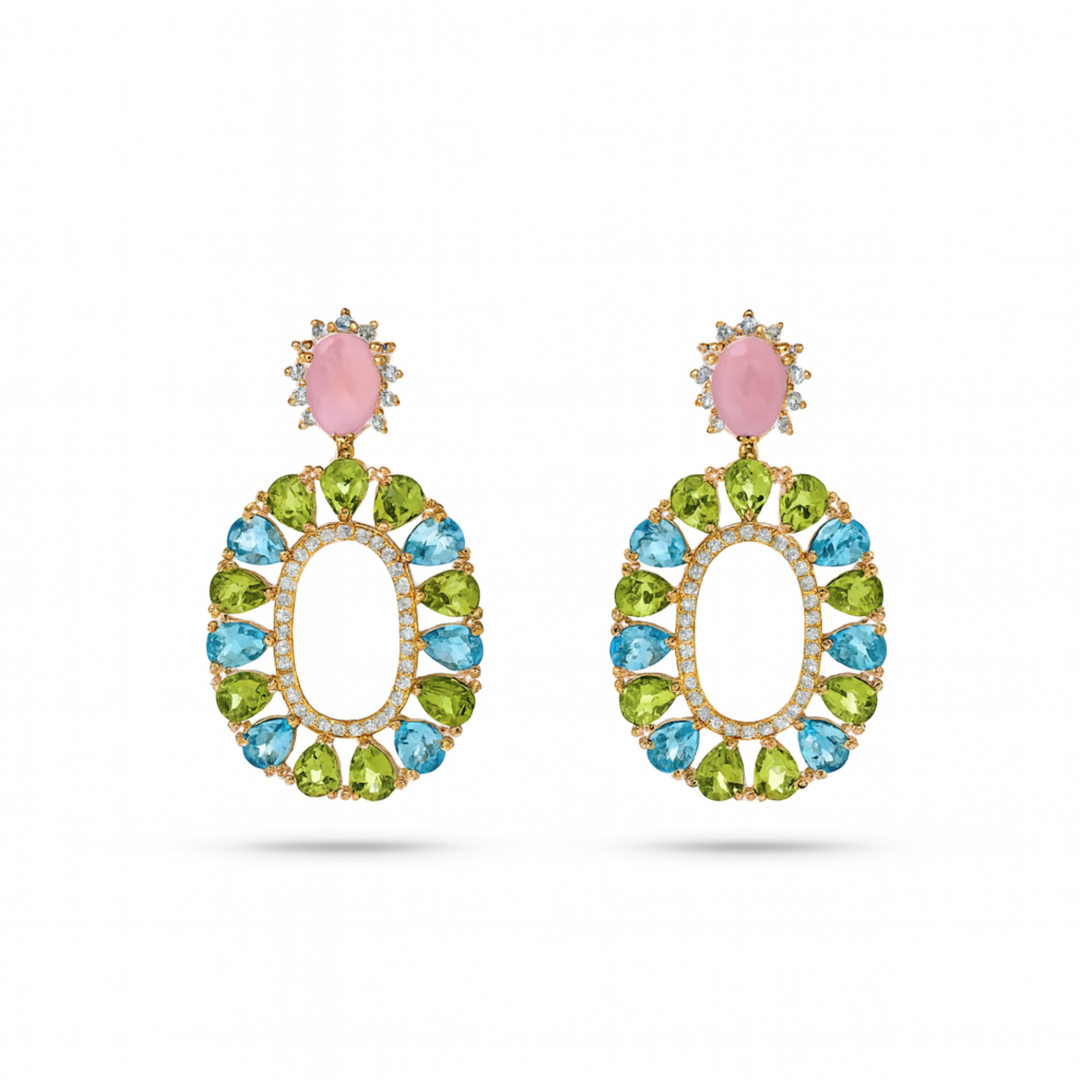 Mother-of-Pearl, Blue Topaz, and Peridot Gold Earrings