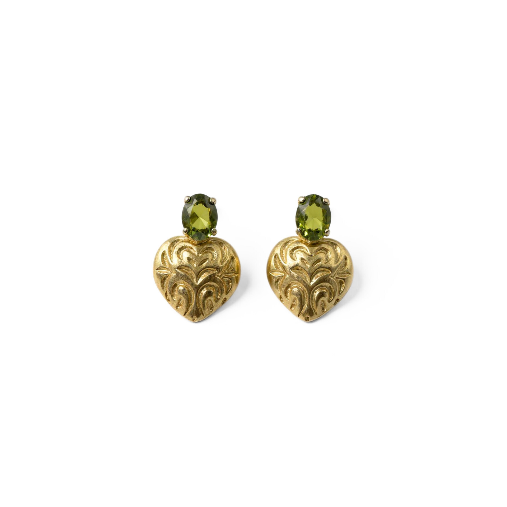 Petite Heart Golden Earrings with Green Tourmaline