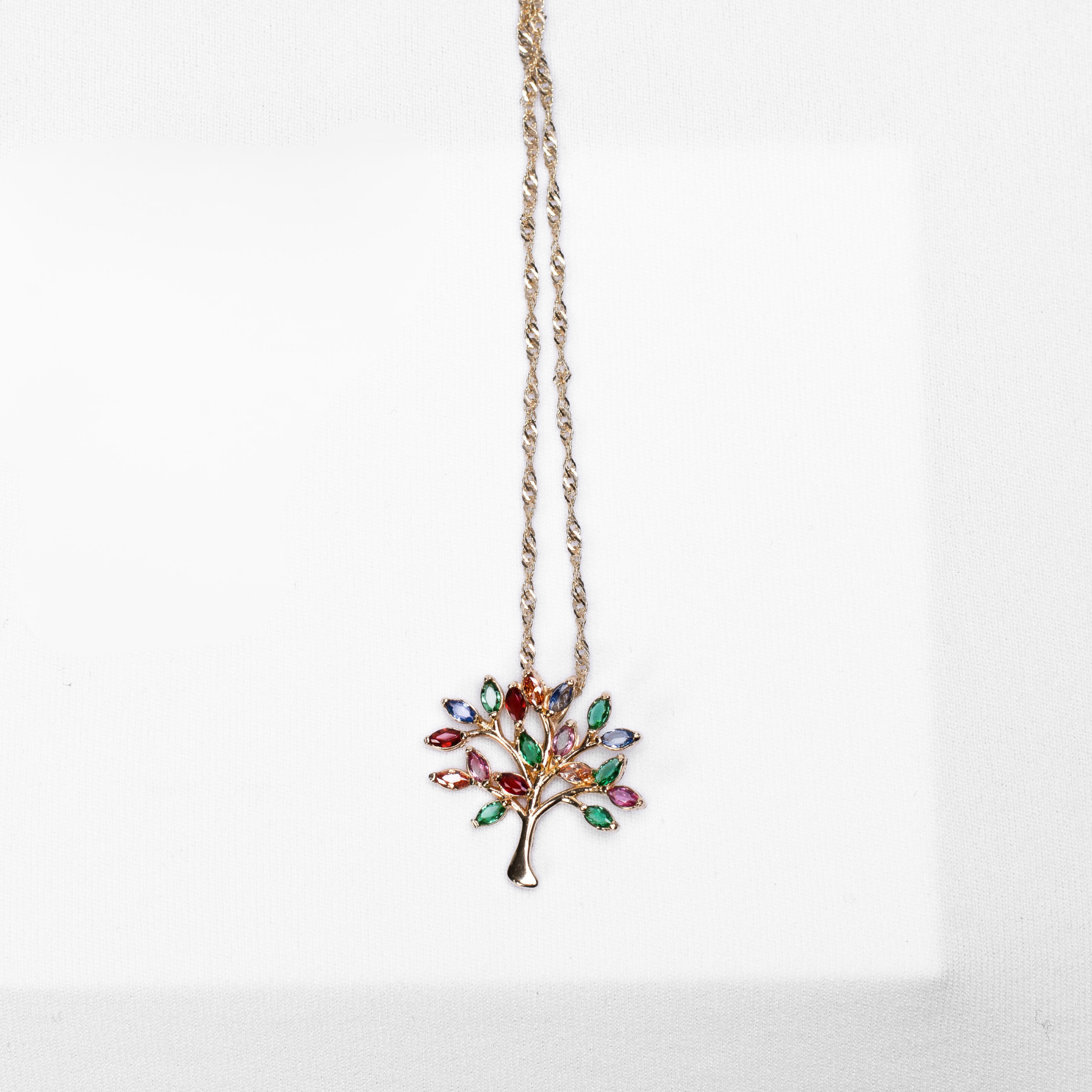 Tree of Life Gold Pendant with Multicolored Gemstones