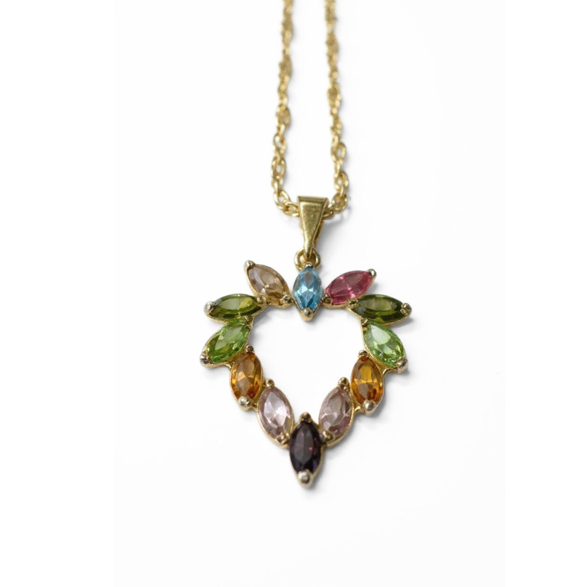 Heart Pendant Gold Necklace with Multicolored Gemstones