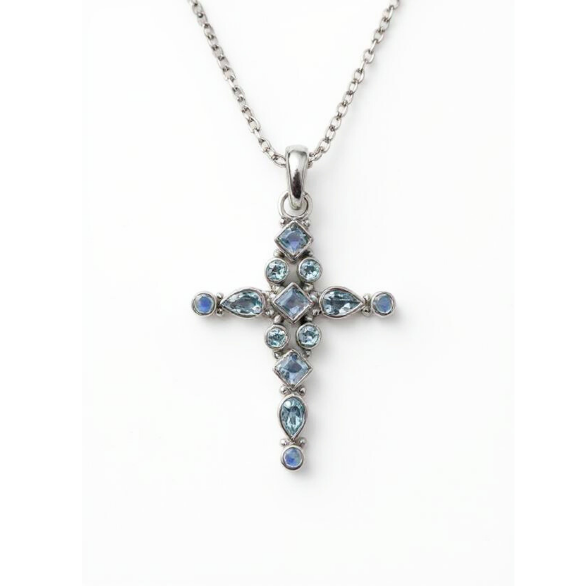 Cross Pendant with Blue Acquamarine and Blue Topaz Gemstones, sterling silver