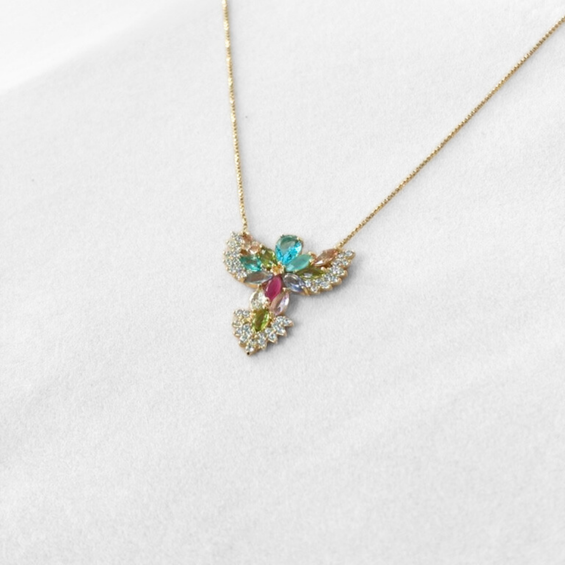 Bird Pendant Necklace with Multicolored Gemstones (Gold)