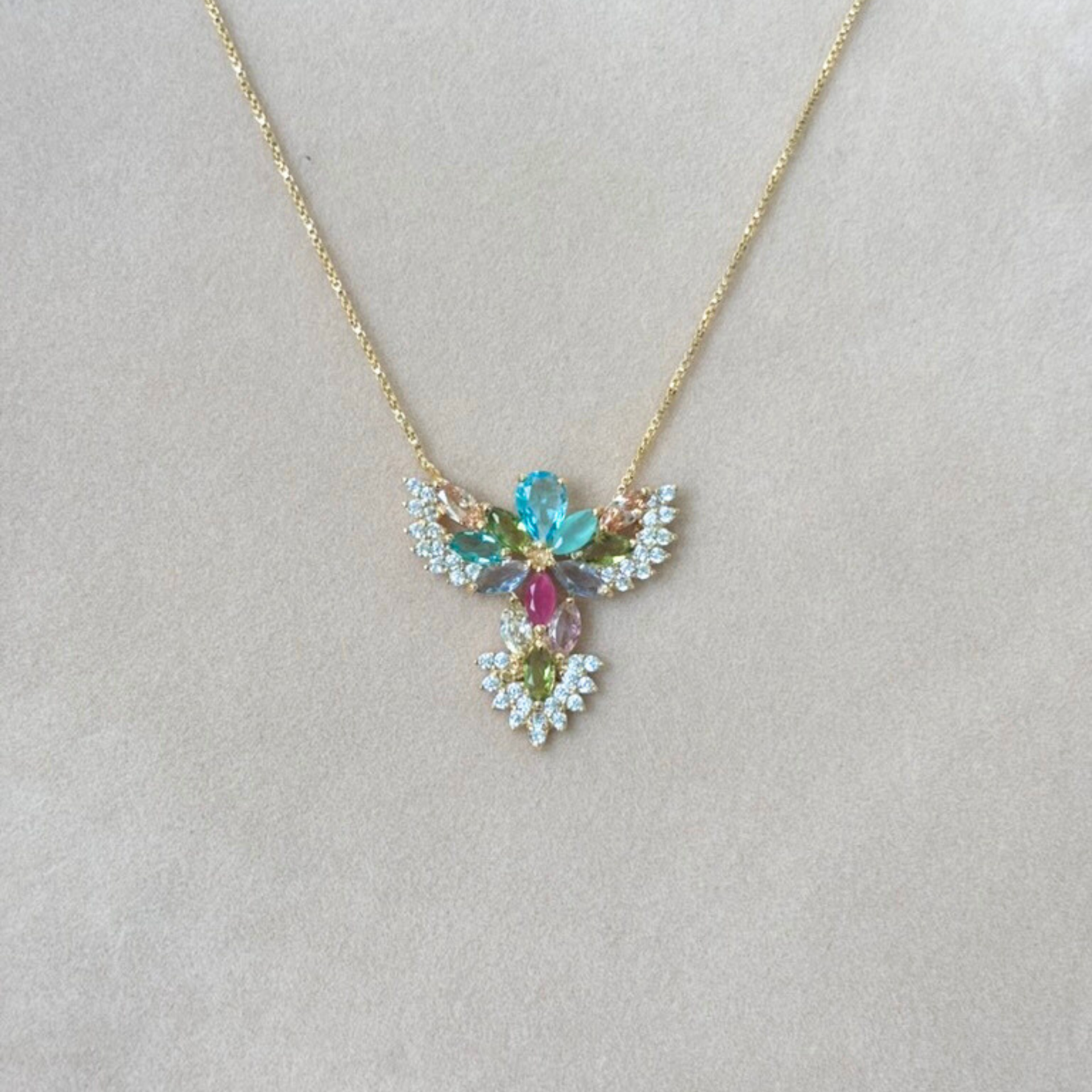 Bird Pendant Necklace with Multicolored Gemstones (Gold)
