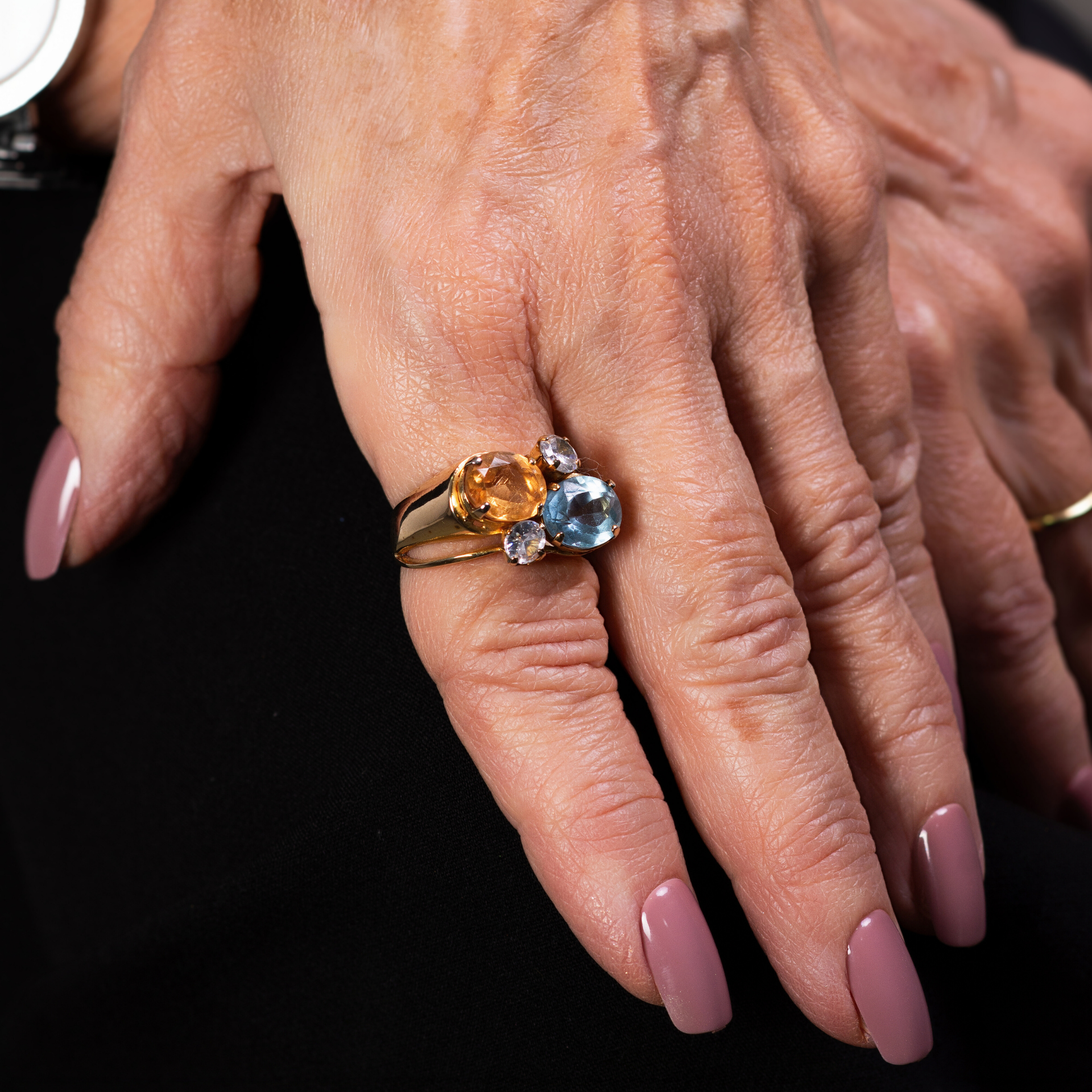 Imperial and Blue Topaz Gold Ring with white Zirconia