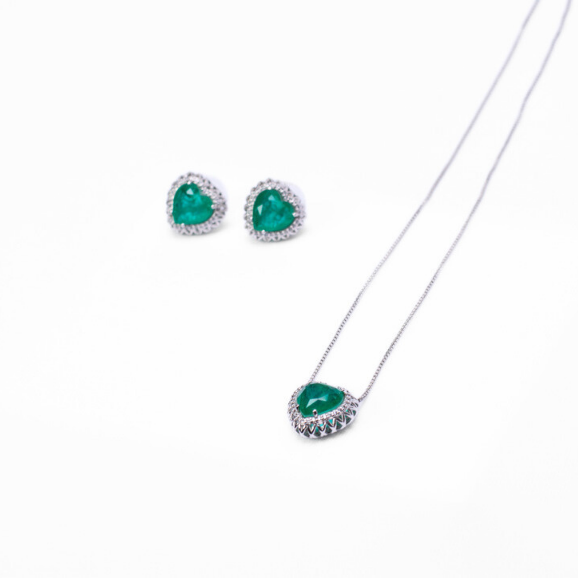 Jade Heart Pendant and Earrings Set in White Gold Finish