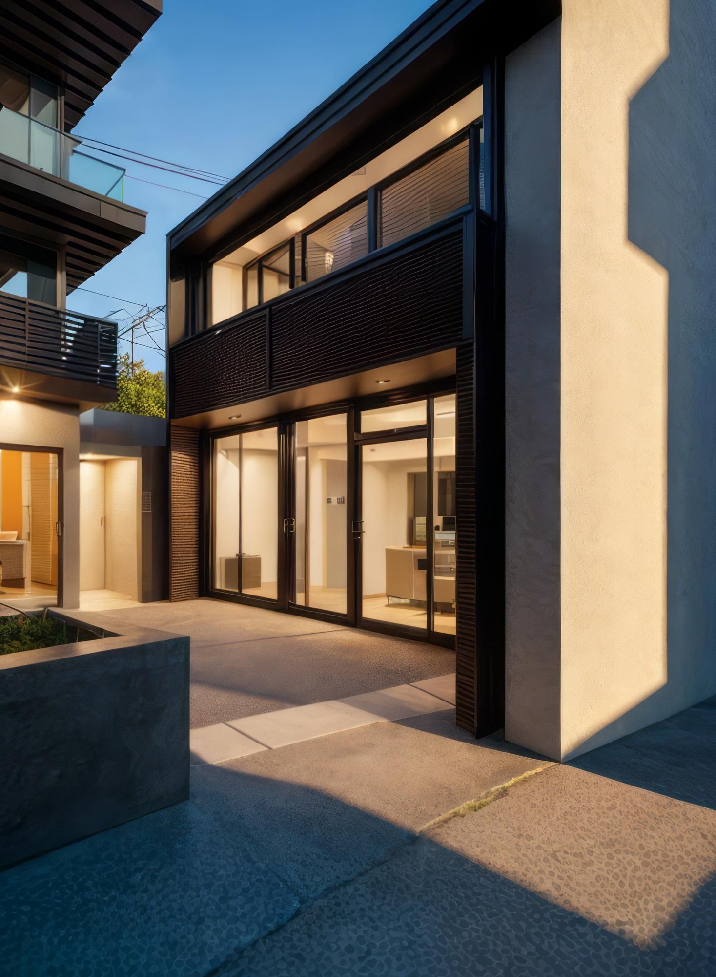 A house with a lot of windows and a balcony