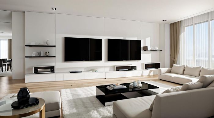 A living room with two flat screen tvs on the wall