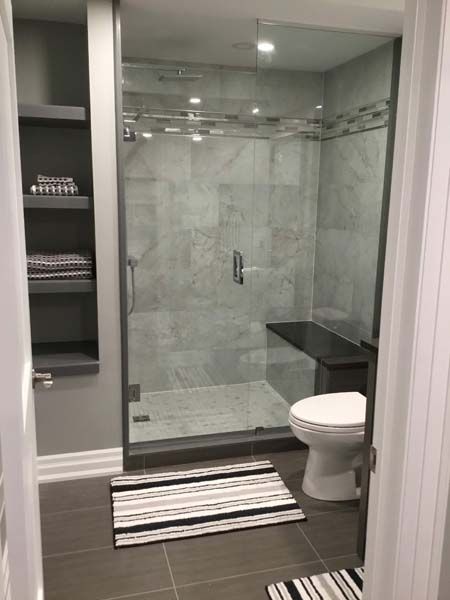 A bathroom with a toilet and a walk in shower.