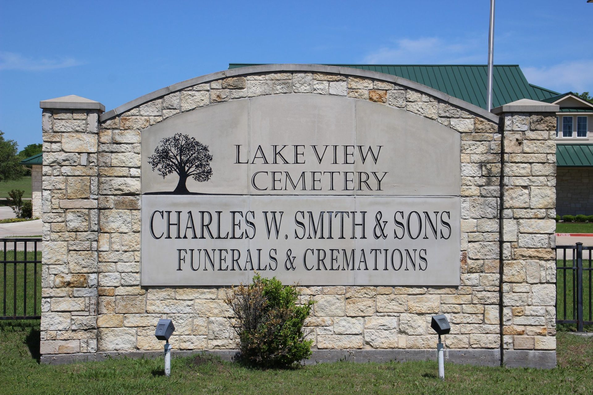 A stone sign for lakeview cemetery charles w. smith & sons funerals & cremations