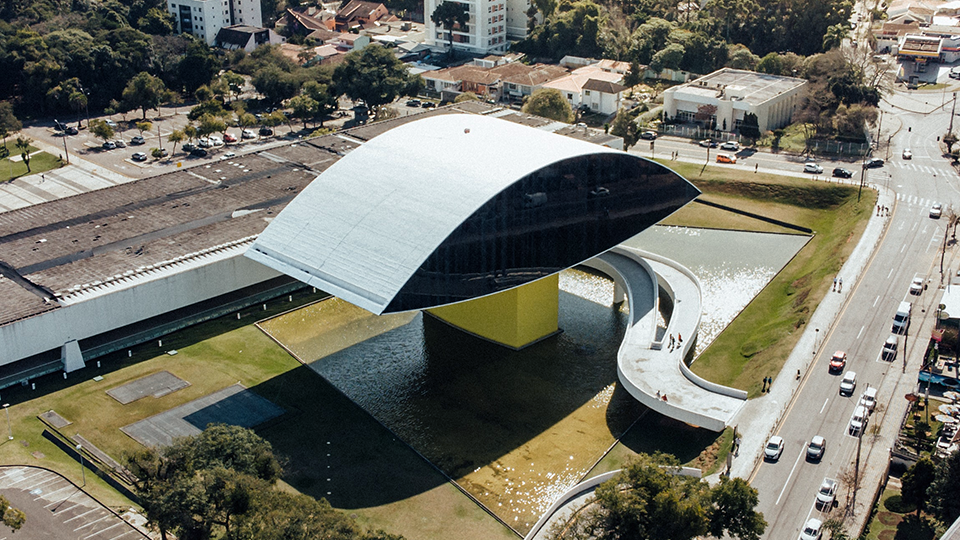 An aereal view of the Oscar Niemeyer museum complex in Curitiba