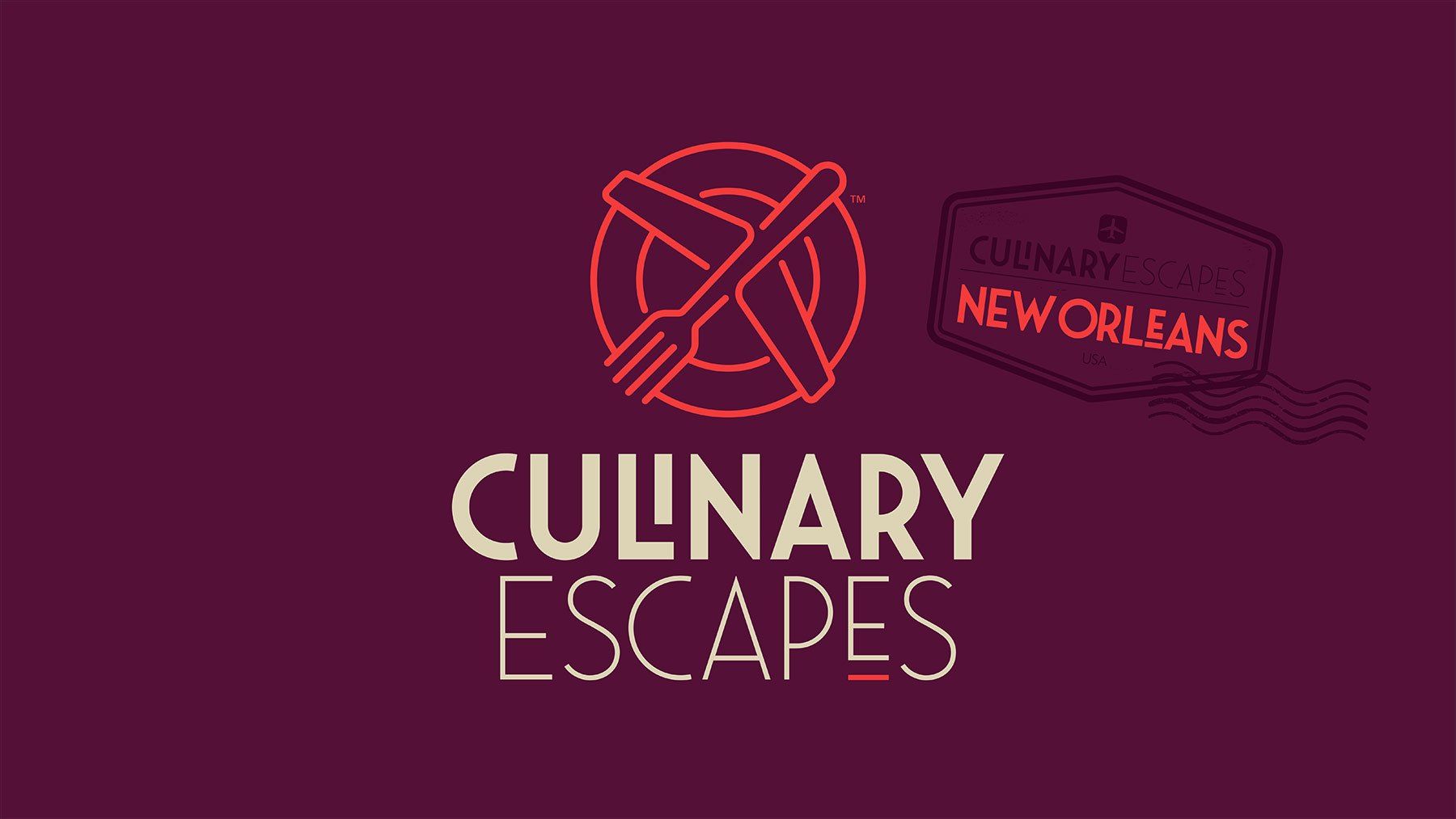 Culinary escapes logo with the stamp of New Orleans on a purple background